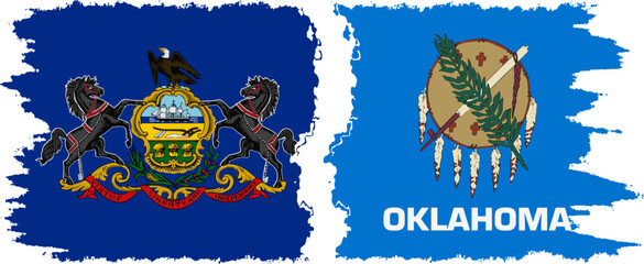 Oklahoma and Pennsylvania states grunge brush flags connection, vector