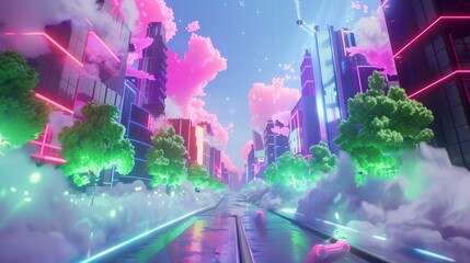 futuristic cityscape with neon green trees and pink clouds, holographic colours, a road leading to its feet with buildings on both sides of the street in a cyberpunk aesthetic style