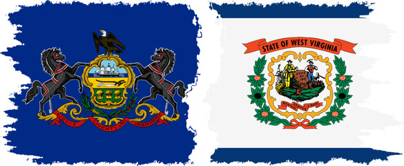 West Virginia and Pennsylvania states grunge brush flags connection, vector