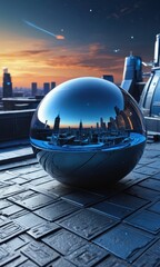 Futuristic Cityscape Reflected in a Sphere.