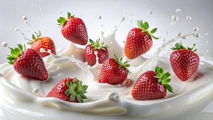Strawberries floating in drops of cream , berries, fruit, dessert, food, dairy, delicious, fresh, red, sweet, creamy, natural