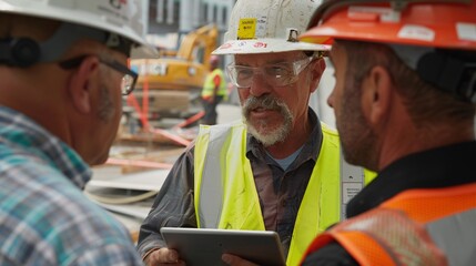 4. A senior engineer on a construction site, reviewing architectural plans with a team of workers. The engineer is wearing a hard hat, safety vest, and carrying a tablet, discussing the project