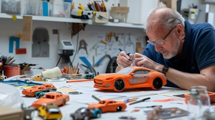 16. A senior engineer in an automotive design studio, examining a clay model of a new car. The engineer is using calipers to measure dimensions, with sketches and design boards in the background. The