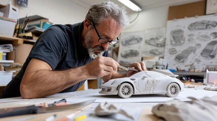 16. A senior engineer in an automotive design studio, examining a clay model of a new car. The engineer is using calipers to measure dimensions, with sketches and design boards in the background. The