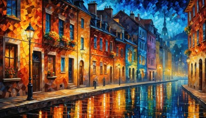 Fototapeta premium Nighttime Reflections in a European Canal.