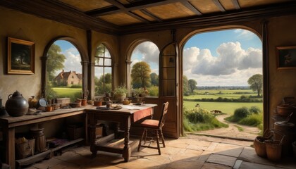 Fototapeta premium Rustic Cottage Interior with Countryside View.