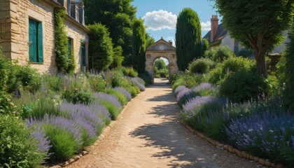 Obraz premium Stone Archway Leading to Lavender Garden in French Countryside.