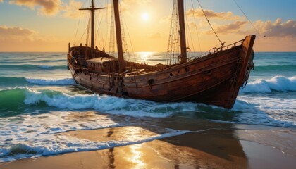 Old Shipwreck on the Beach at Sunset.