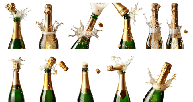 Set of champagne bottle on white background.