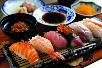 A detailed photograph of a traditional sushi platter featuring an assortment of fresh sushi pieces, including salmon, tuna, shrimp, and roe, arranged beautifully on a bamboo mat. 