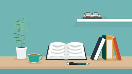 A desk with a book open, a cup, a pen, and a plant