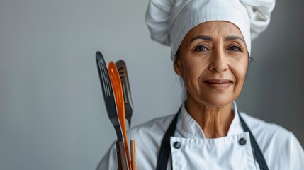 Experienced female chef in uniform holding kitchen utensils, ready to cook, highlighting professionalism and culinary expertise.