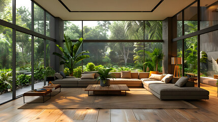 Modern Living Room with Large Windows Overlooking Lush Greenery 3D Illustration