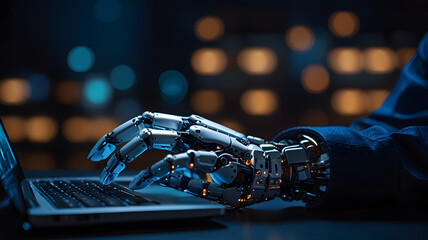 Fototapeta premium AI artificial intelligence robot advanced android technology control computer system laptop electronic digital, innovation future futuristic robotics human interaction connection working automation