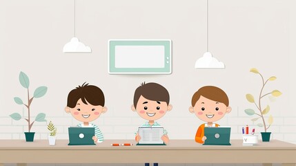 A group of five children sitting at a table with laptops