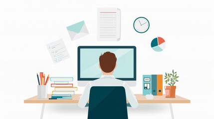 A man is sitting at a desk in front of a computer monitor