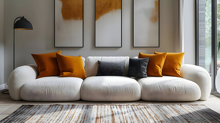 Modern Living Room with White Sofa and Orange Pillows 3D Illustration