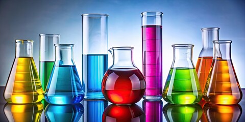 Vibrant colored liquids in laboratory flasks , science, chemistry, research, experiment, laboratory, chemicals, analysis