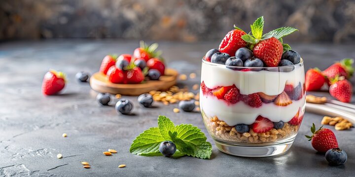 Delicious and healthy berry and yogurt parfait with colorful layers , breakfast, healthy, fresh, fruit, yogurt, granola