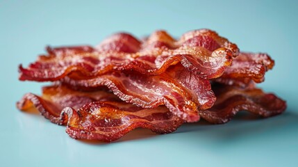 Delicious crispy bacon strips stacked on a blue background, ready for a tasty breakfast