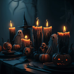 Scary Halloween candle making decorations light displays Jack-o-Lantern Pumpkins on rustic wooden background