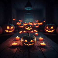 Scary Halloween candle making decorations light displays Jack-o-Lantern Pumpkins on rustic wooden background