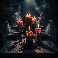 Scary Halloween candle making decorations light displays Jack-o-Lantern Pumpkins on rustic wooden background