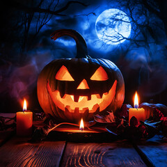 Scary Halloween candle making decorations light displays Jack-o-Lantern Pumpkins on rustic wooden background