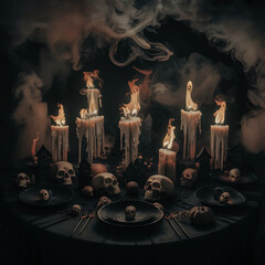 Scary Halloween candle making decorations light displays Jack-o-Lantern Pumpkins on rustic wooden background