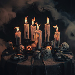 Scary Halloween candle making decorations light displays Jack-o-Lantern Pumpkins on rustic wooden background