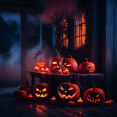 Scary Halloween candle making decorations light displays Jack-o-Lantern Pumpkins on rustic wooden background