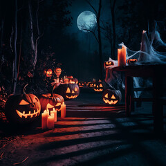 Scary Halloween candle making decorations light displays Jack-o-Lantern Pumpkins on rustic wooden background