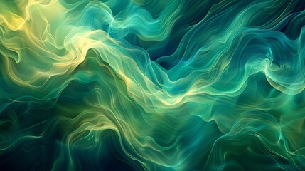 Dynamic wave patterns with varying shades of green and blue flowing across the canvas