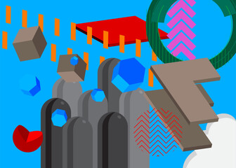 Multicolored geometrical graphic retro theme cover. Minimal geometric elements poster design. Vintage abstract shapes template for poster banner.