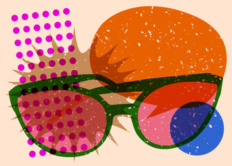 Risograph Sunglasses with speech bubble with geometric shapes. Objects in trendy riso graph print texture style design with geometry elements.