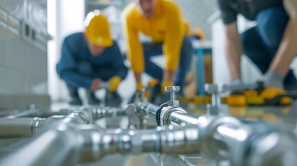 Professional Plumber Demonstrating Leak Detection Process to Homeowner with Exposed Pipe and Tools in Brightly Lit Room | Customer Service Education Concept