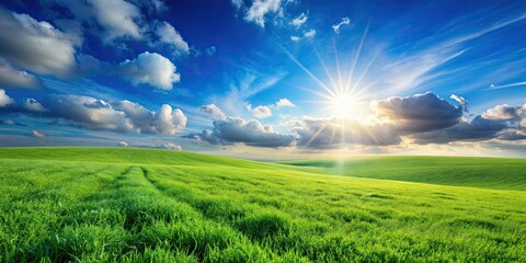 Obraz premium Green field with grass against a blue sky and sun, creating a beautiful panoramic natural landscape, panoramic, natural, landscape