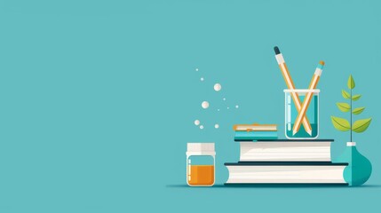 Obraz premium A blue background with a stack of books and a pencil holder