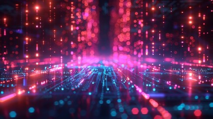 Futuristic digital landscape with neon lights and circuit-like patterns in a dark background