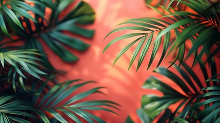 Fototapeta premium Tropical background featuring lush green palm leaves set against a vibrant living coral backdrop