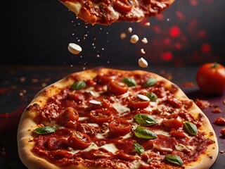 pizza with salami and tomatoes