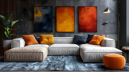 Modern Living Room with White Sofa and Orange Pillows - 3D Illustration