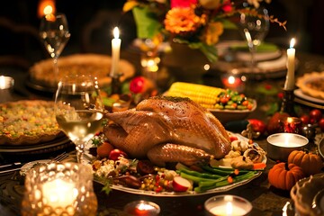 a rustic thanksgiving dinner table with a centerpiece of roasted turkey