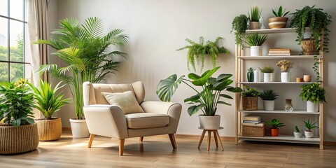 Fototapeta premium Cozy reading corner with a beige armchair surrounded by plants , cozy, reading nook, corner, plants, beige, armchair, comfortable