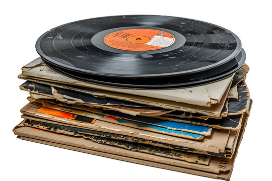 stack of old vinyl records, PNG file, transparent background