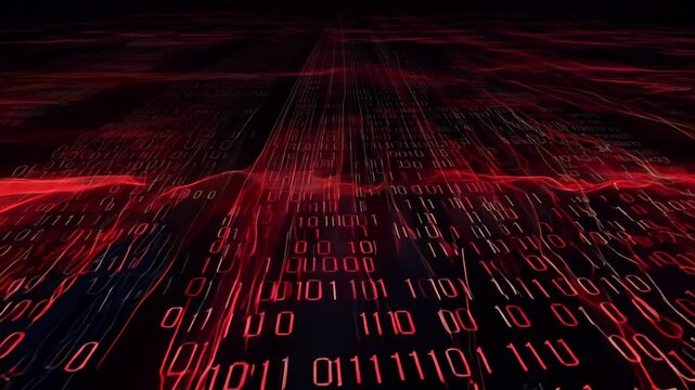 Dark red digital binary code matrix background. Ai Footage.