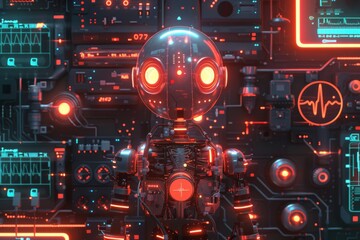 Abstract fractal art with glowing elements representing the fusion of advanced AI cybernetic technology and futuristic design in a digital environment