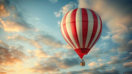 Fototapeta premium Red and white hot air balloon is flying through a cloudy sky with the setting sun casting an orange glow on the clouds