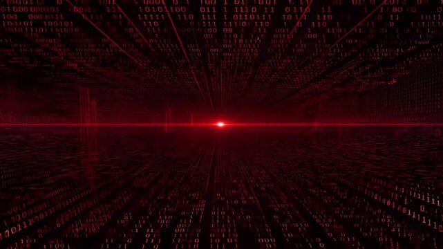 Dark red digital binary code matrix background. Ai Footage.
