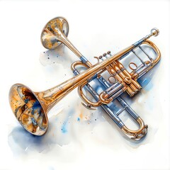 Obraz premium A watercolor image of a shiny trombone with a long slide